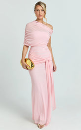 Nicolette Maxi Dress - Cape Sleeve Off Shoulder Dress in Pink