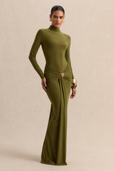 Ambrette | Olive High-Neck Maxi Dress With Gathered-Detailing