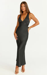 Khalani Maxi Dress - Deep V Neck Satin Slip Dress in Black