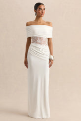 Forsya | White Bardot-Neck Maxi Dress With Lace-Detailing