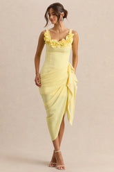 Letitia | Lemon Scoop-Neck Embellished Wrap Midi Dress