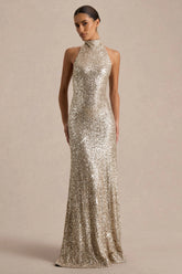 Tulia | Gold Sequin High-Neck Maxi Dress