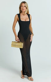 Morgana Maxi Dress - Mesh Square Neck Cap Sleeve Sheer Dress in Black