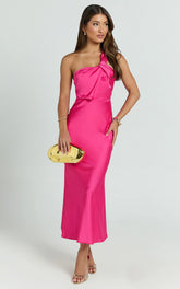 Carmella Midi Dress - One Shoulder Twist Detail Dress in Fuchsia