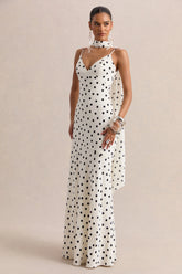 Starling | White & Black Polka Dot Matte Satin Plunge-Neck Maxi Dress With Scarf-Detail
