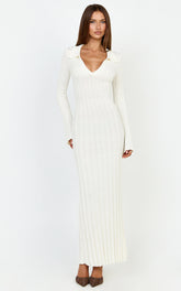 Pamela Midi Dress - Ribbed Knit Poli Midi Dress in Off White