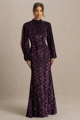 Janet | Black And Purple Devore High-Neck Maxi Dress With Cut-Out Details