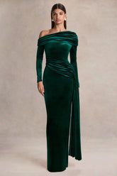 Hadria | Bottle Green Velvet Asymmetric-Neck Maxi Dress With Sash-Detail
