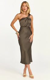 Aria Midi Dress - One Shoulder Twist Detail Satin Bias Cut Dress in Espresso
