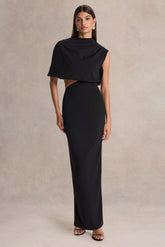 Roseth | Black High-Neck Maxi Dress With Removable Cape
