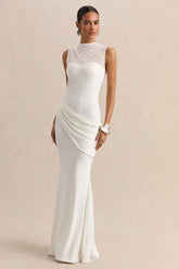 Lyssy | White High-Neck Maxi Dress With Mesh-Detail
