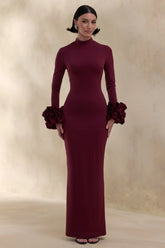Jaselle | Dark Plum High-Neck Maxi Dress With Ruffled Satin-Cuffs