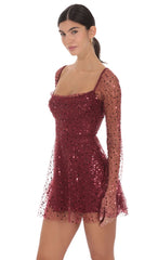 Sequin Beaded Long Sleeve Fit and Flare Dress in Burgundy