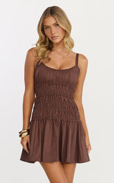 Sylvie Mini Dress - Ruched Dress in Chocolate