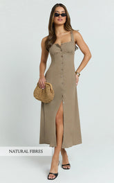Cameron Midi Dress - Button Front Tie Back Dress in Mocha