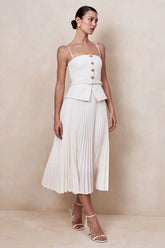 Lizzy | Cream Square-Neck Midi Dress With Pleated-Skirt