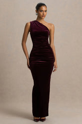 Treat | Burgundy Velvet Asymmetric-Neck Maxi Dress With Ruched Detailing.