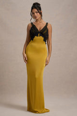 Sahara | Mustard Satin V-Neck Maxi Dress With Black Lace Trim