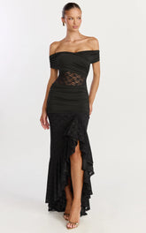 Kaia Maxi Dress - Off Shoulder Long Sleeve Ruffle Hem Lace Dress in Black