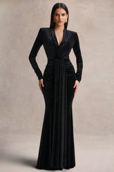Halima | Black Velvet Plunge-Neck Maxi Dress With Gathered Detailing