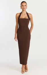 Salome Midi Dress - Halter Neck Column Dress in Chocolate