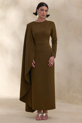 Jovea | Olive Round-Neck Maxi Dress With Cape-Sleeve