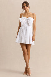 Elina | White Square-Neck Mini Dress With Bow Detail