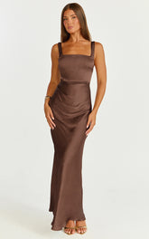 Rumi Maxi Dress - Ruched Bodice Satin Dress in Chocolate