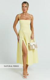 Myrtle Midi Dress - Straight Neck Curved Drop Waist Gathered Full Skirt Dress in Lemon