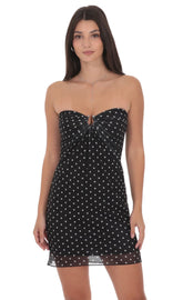 Polka Dot Embellished Mesh Strapless Dress in Black