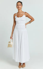 Cami Midi Dress - Rushed Bodice Dress in White
