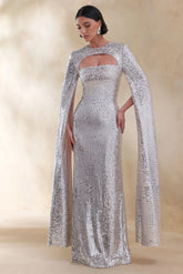 Devora | Silver Sequin Crew-Neck Maxi Dress With Cape Sleeves