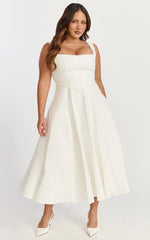 Bernie Midi Dress - Square Neck Strapped Full Circle Skirt Dress in White