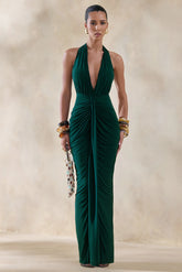 Lesley | Bottle Green Plunge-Neck Maxi Dress