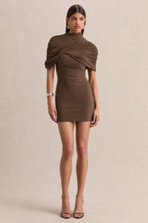 Perdi | Brown Bodycon Mini Dress With Twisted Cape