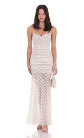 Lace Ruched Mermaid Dress in White