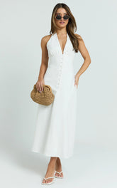Beata Midi Dress - Plunge Halter A Line Dress in White