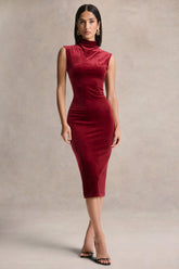 Nivina | Red Velvet High-Neck Midi Dress With Cap-Sleeves