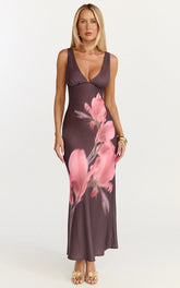 Elowen Midi Dress - Deep V Neck Satin Dress in Floral Print