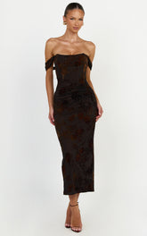 Karlene Midi Dress - Ruched Corset Burnout Dress in Black and Brown