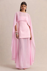 Chessa | Light Pink Boat-Neck Maxi Dress With Sheer Cape