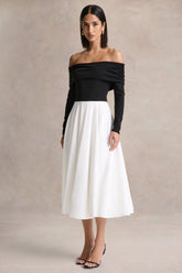 Frederica | Black And White Bardot-Neck Midi Dress