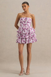 Swirl | Cream Floral Print Bandeau Puffball Mini Dress With Ruffle Detail