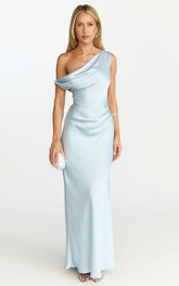 Lira Maxi Dress - One Shoulder Satin Dress in Pale Blue