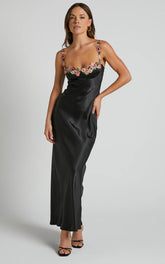 Harmony Maxi Dress - Floral Detail Cup Bust Satin Dress in Black