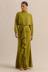 Perla | Olive High-Neck Maxi Dress With Gathered-Detailing