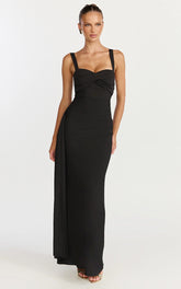 Roxanne Maxi Dress - Sweetheart Neck Gathered Bodycon Dress in Black
