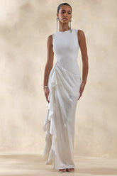 Ada | White Crew-Neck Maxi Dress With Sheer Skirt And Ruffled Detailing