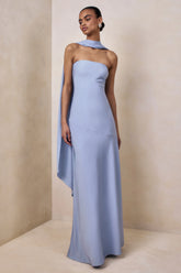 Charly | Powder Blue Matte Satin Bandeau Maxi Dress With Scarf-Detail