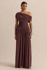 Emberly | Brown Draped Asymmetric-Neck Maxi Dress With Drop-Waist
